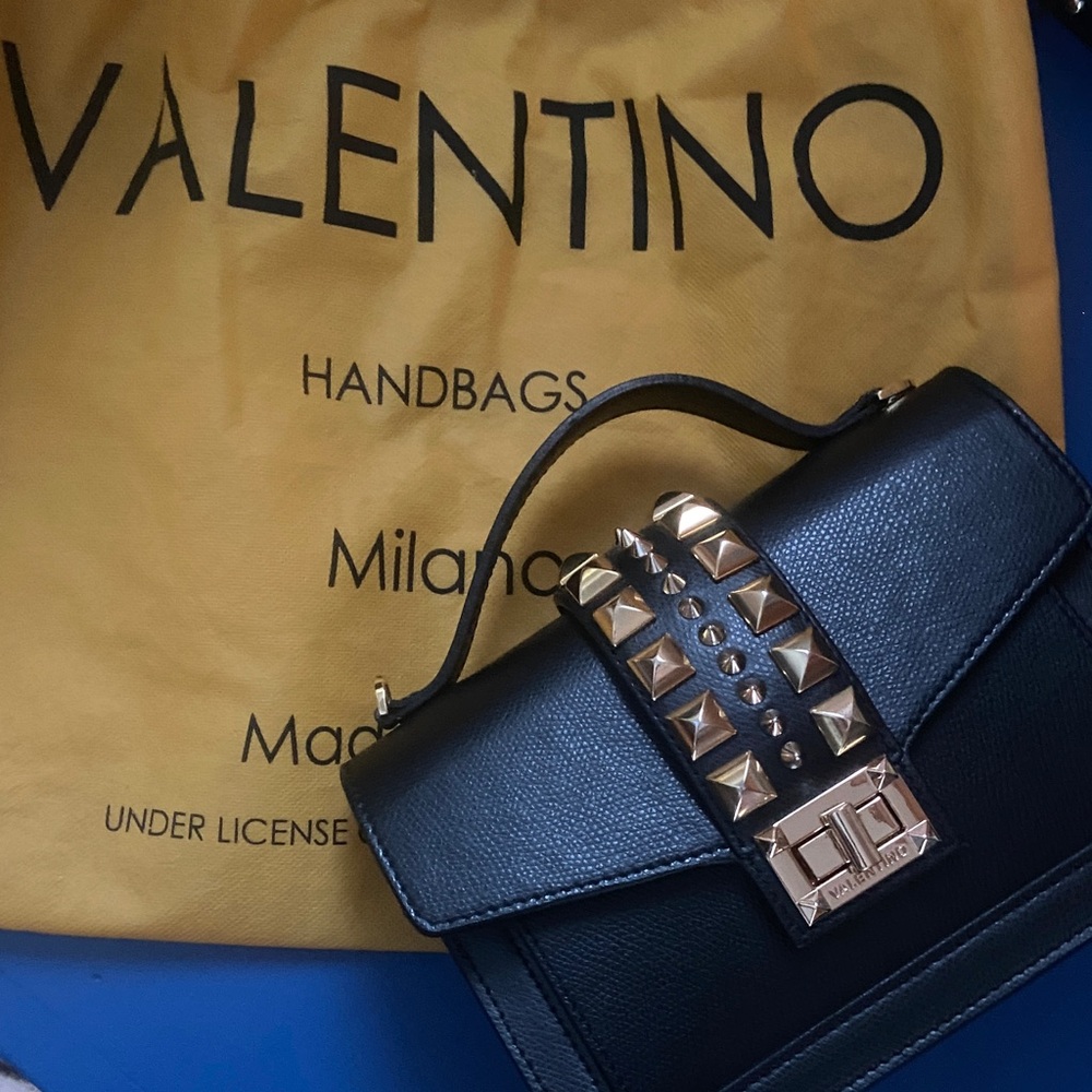 Valentino Black Leather Shoulder Bag with Gold Studs Pebbled NEW